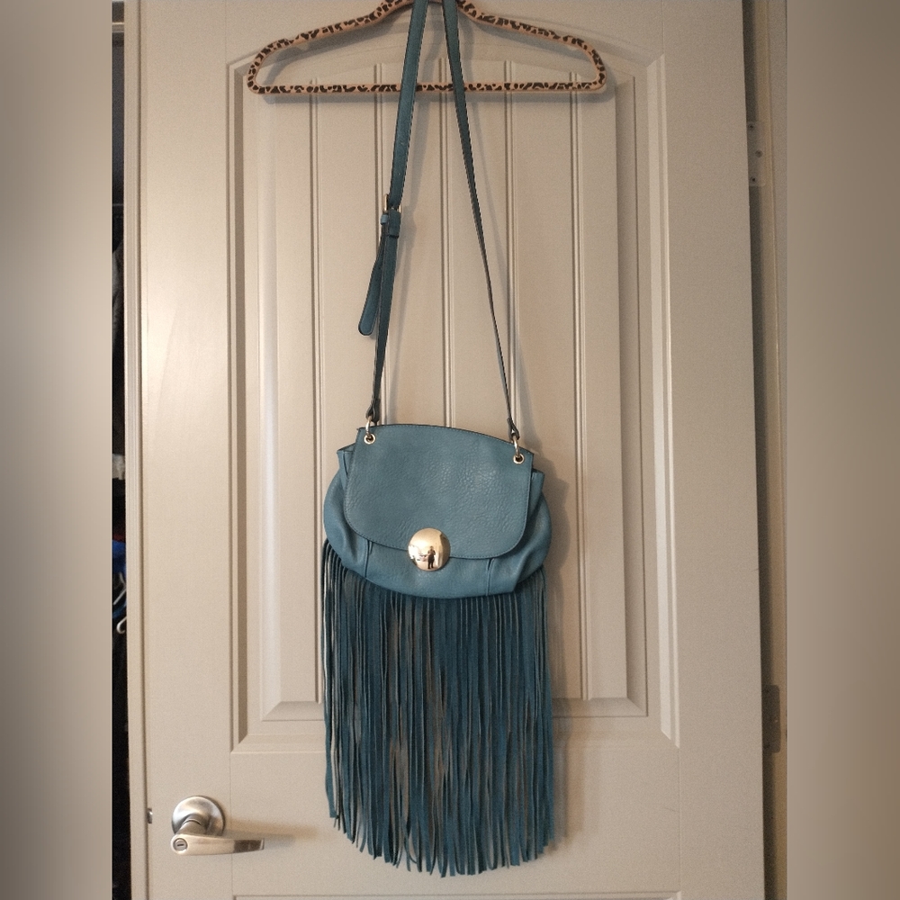 Vieta Fringed Blue Pebbled Leather Crossbody Purse with leather fringe